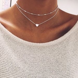 Dainty Silver Heart Layered Choker